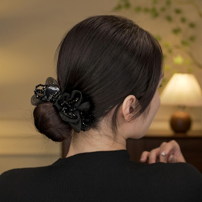 1pc Elegant Large Rhinestone Hair Claw Clip with Mesh & Floral Design - Black Plastic Hair Accessory for High Ponytails, Buns, and Updos, Stylish Women's Hair Decor, Hairstyle Enhancer | Floral Hair Clip | Plastic Hair Piece