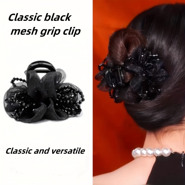1pc Elegant Large Rhinestone Hair Claw Clip with Mesh & Floral Design - Black Plastic Hair Accessory for High Ponytails, Buns, and Updos, Stylish Women's Hair Decor, Hairstyle Enhancer | Floral Hair Clip | Plastic Hair Piece