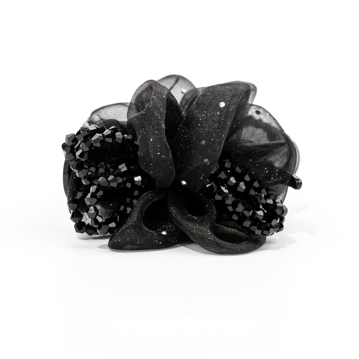 1pc Elegant Large Rhinestone Hair Claw Clip with Mesh & Floral Design - Black Plastic Hair Accessory for High Ponytails, Buns, and Updos, Stylish Women's Hair Decor, Hairstyle Enhancer | Floral Hair Clip | Plastic Hair Piece
