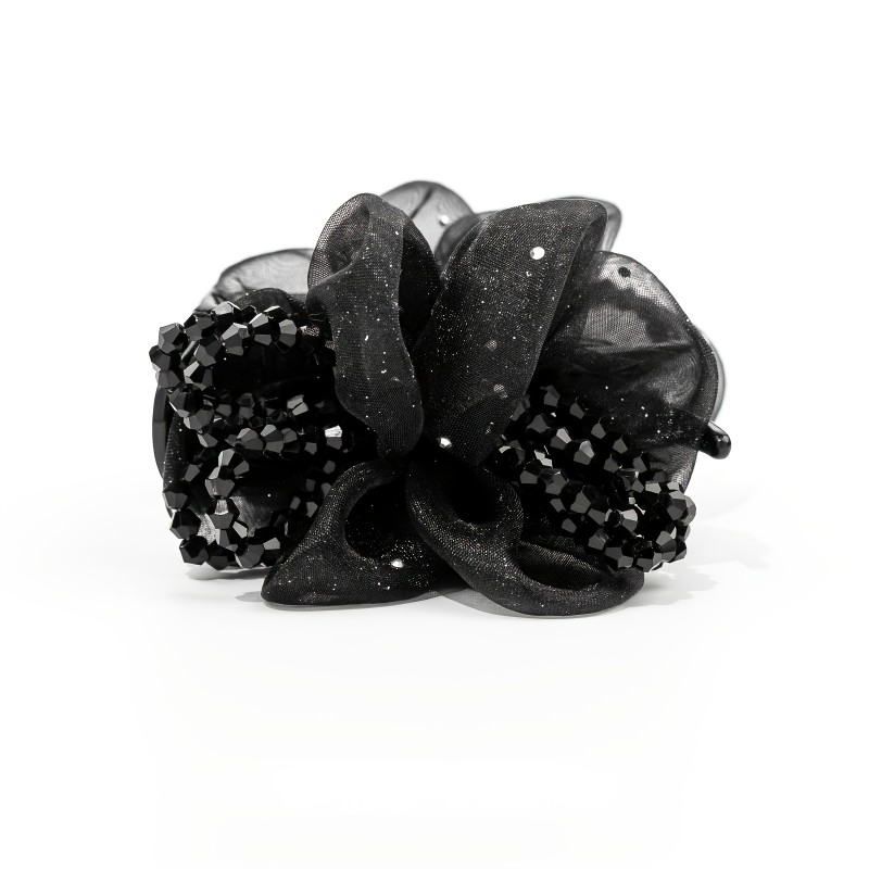 1pc Elegant Large Rhinestone Hair Claw Clip with Mesh & Floral Design - Black Plastic Hair Accessory for High Ponytails, Buns, and Updos, Stylish Women's Hair Decor, Hairstyle Enhancer | Floral Hair Clip | Plastic Hair Piece