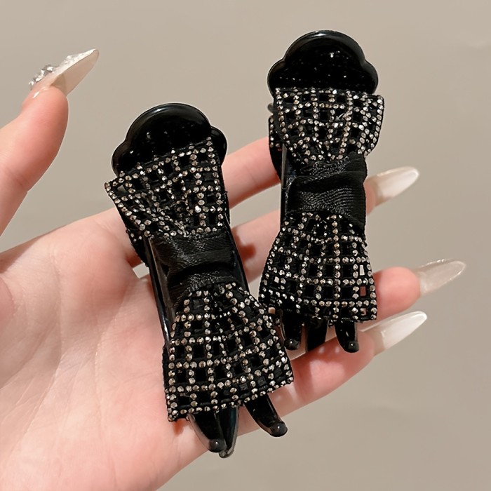 1pc Elegant French Style Black Rhinestone Hair Clip for Women, Casual Plastic Ponytail Holder, Chic Hair Accessory for Stylish Updos