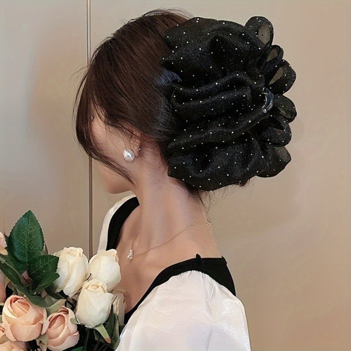 1pc Elegant Honey Girl Style Hair Claw with Rhinestone Embellishments, Solid Color Mesh Bowknot Design, Versatile Fashion Accessory for Teens, All-Season Daily & Casual Wear, Hair Accessories for Girls