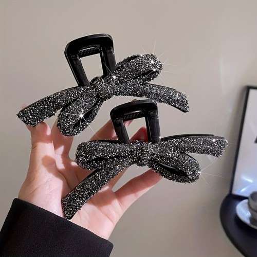 Sparkling Rhinestone Bow Hair Claw Clip – Elegant Large Black Plastic Hair Accessory with Glittering Crystals for Women, Perfect for Updos and Special Occasions, Special Occasion Hairpiece | Chic Bow Design | Rhinestone Embellished, Hair Accessories