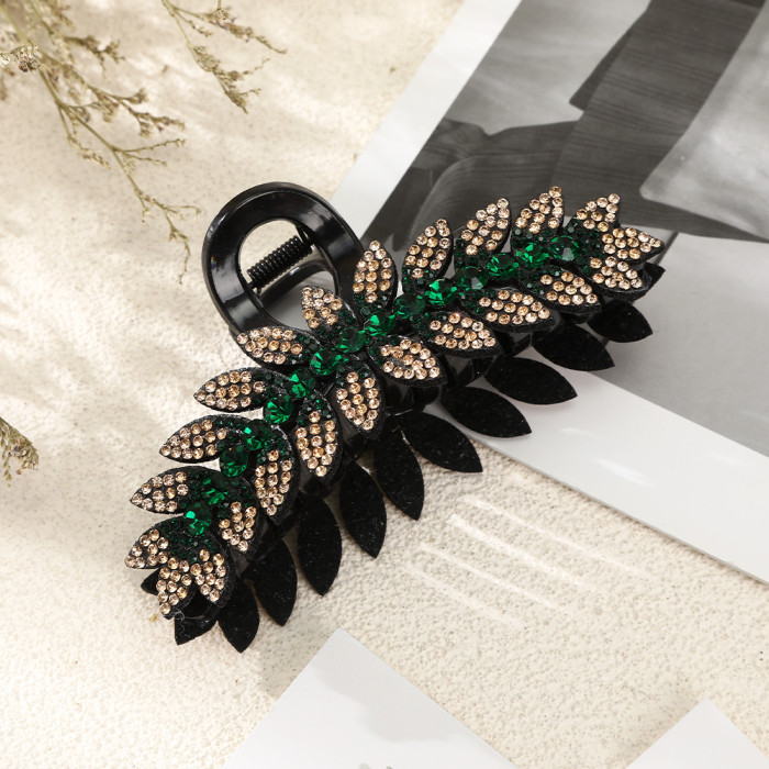 Elegant Vintage Style Rectangular Hair Claw - Durable, Large 12cm, Colorful Rhinestone Leaf Design with Green and Brown Gemstones for Stylish Updos