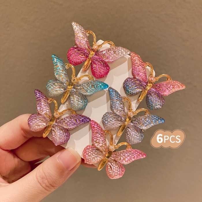6pcs LEMON LOVE Sweet Style Colorful Gradient Butterfly Hair Clips for Girls - Glittery Resin Hair Accessories in Pink, Blue, Purple & Golden, Perfect for Teens, Butterfly Hair Accessories