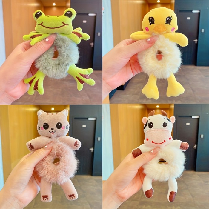 4-Piece Set Cute Cartoon Plush Animal Hair Ties for Women - Preppy Style, Mixed Color Frog\u002FBear\u002FCat Hair Accessories, Soft Acrylic Fiber, All-Season Elastic Hair Bands for Girls Over 15 Years Old