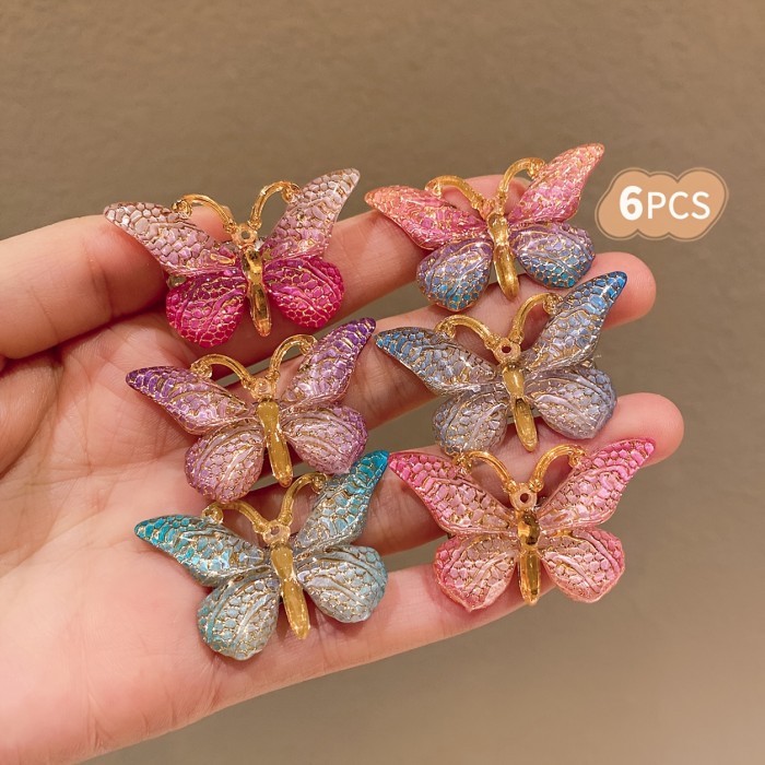 6pcs LEMON LOVE Sweet Style Colorful Gradient Butterfly Hair Clips for Girls - Glittery Resin Hair Accessories in Pink, Blue, Purple & Golden, Perfect for Teens, Butterfly Hair Accessories