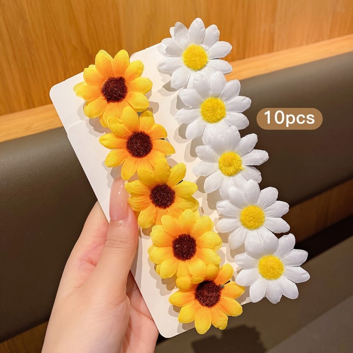 10pcs Honey Girl Knit Fabric Hair Clips with Solid Color Daisy & Sunflower Design, Mixed Color Polyester Floral Hair Accessories for Daily & Casual Wear - All-Season Teen Fashion