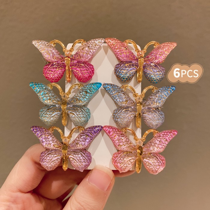 6pcs LEMON LOVE Sweet Style Colorful Gradient Butterfly Hair Clips for Girls - Glittery Resin Hair Accessories in Pink, Blue, Purple & Golden, Perfect for Teens, Butterfly Hair Accessories