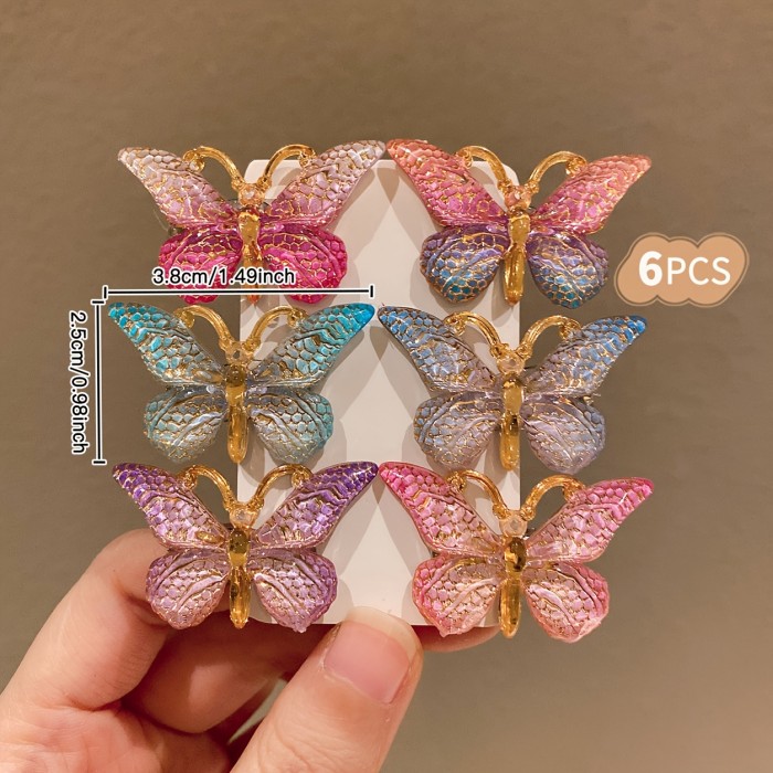 6pcs LEMON LOVE Sweet Style Colorful Gradient Butterfly Hair Clips for Girls - Glittery Resin Hair Accessories in Pink, Blue, Purple & Golden, Perfect for Teens, Butterfly Hair Accessories