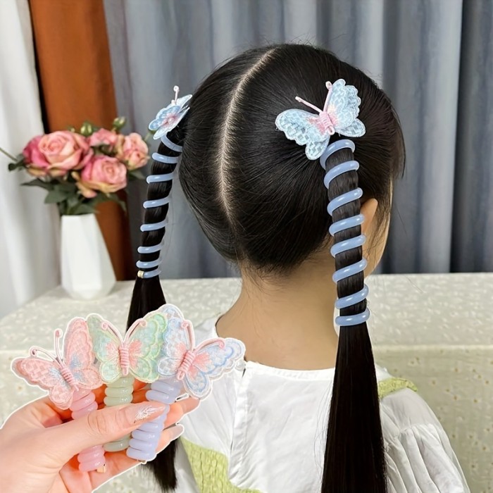 GUIJUI 4-Pack Cute Butterfly Hair Ties for Girls, High Elastic Telephone Cord Ponytail Holders, Mixed Color Resin & Polyester Hair Accessories for Daily & Casual Wear, All-Season Applicable, Ages 3-14