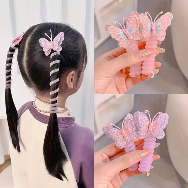 GUIJUI 4-Pack Cute Butterfly Hair Ties for Girls, High Elastic Telephone Cord Ponytail Holders, Mixed Color Resin & Polyester Hair Accessories for Daily & Casual Wear, All-Season Applicable, Ages 3-14