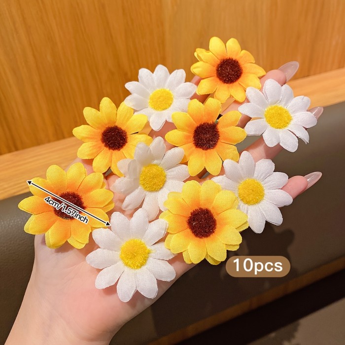 10pcs Honey Girl Knit Fabric Hair Clips with Solid Color Daisy & Sunflower Design, Mixed Color Polyester Floral Hair Accessories for Daily & Casual Wear - All-Season Teen Fashion