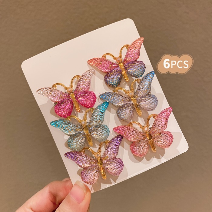 6pcs LEMON LOVE Sweet Style Colorful Gradient Butterfly Hair Clips for Girls - Glittery Resin Hair Accessories in Pink, Blue, Purple & Golden, Perfect for Teens, Butterfly Hair Accessories