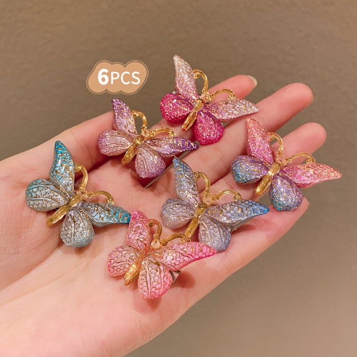 6pcs LEMON LOVE Sweet Style Colorful Gradient Butterfly Hair Clips for Girls - Glittery Resin Hair Accessories in Pink, Blue, Purple & Golden, Perfect for Teens, Butterfly Hair Accessories