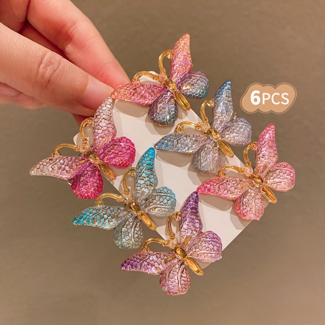 6pcs LEMON LOVE Sweet Style Colorful Gradient Butterfly Hair Clips for Girls - Glittery Resin Hair Accessories in Pink, Blue, Purple & Golden, Perfect for Teens, Butterfly Hair Accessories