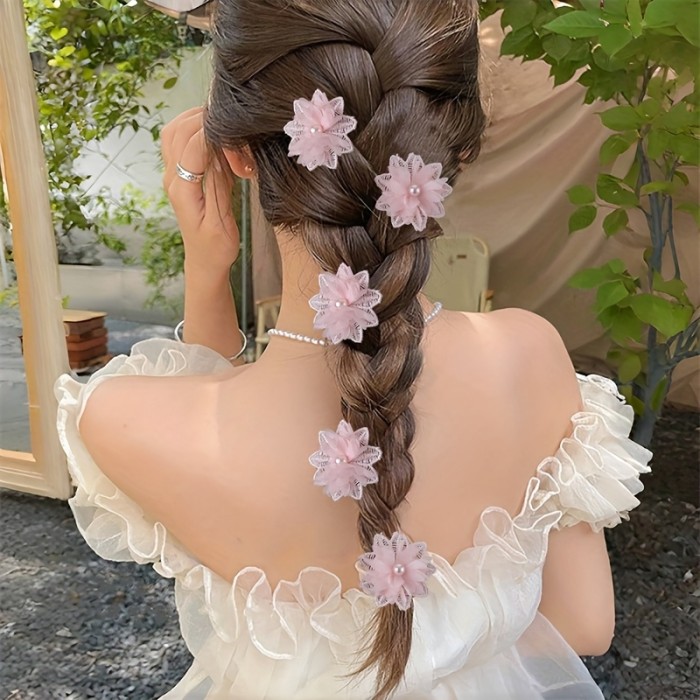 5pcs\u002Fset Elegant White Lace Flower Hair Clips with Accents, Floral Design for Women, Perfect for Weddings and Formal Events, High-Quality Polyester Fabric, Year-Round Wear, Bridal Hair Accessories