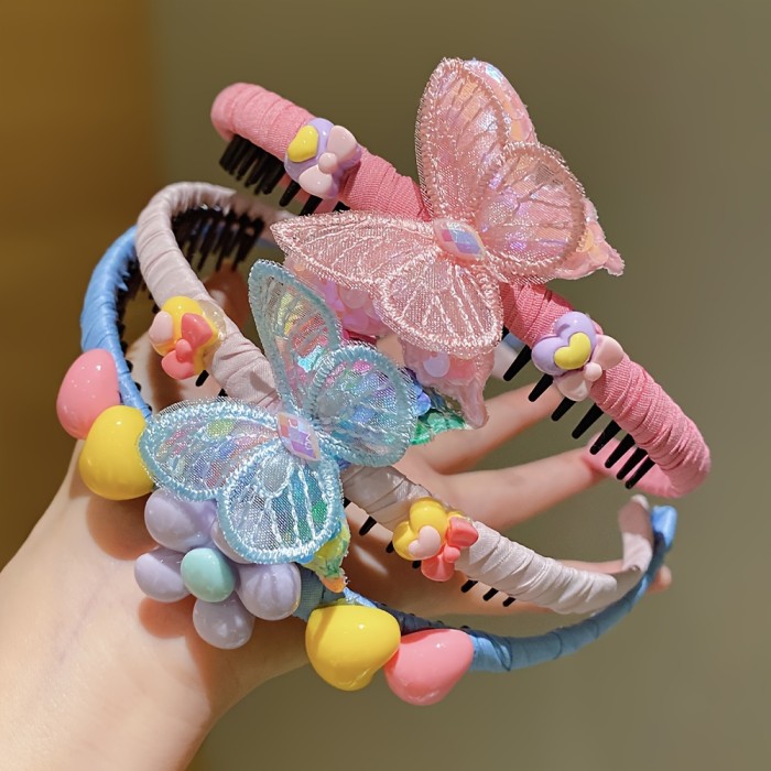 3pcs LEMON LOVEO Colorful Butterfly Hair Bands for Girls - Non-Slip, Comfort Fit Headbands with Resin & Polyester, All-Season Versatility, Mixed Colors - Ideal for Preventing Hair Slipping, Hair Accessories for Girls