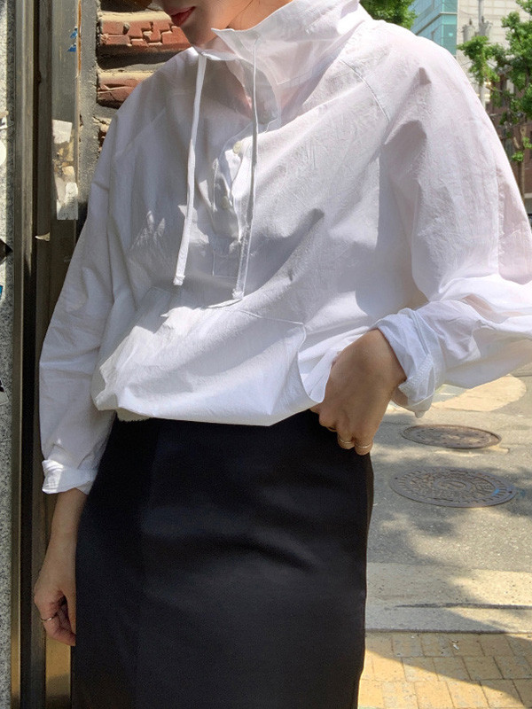 Sun Protection Striped Pockets Drawstring Loose Long Sleeves Stand Collar Sweatshirt Tops Outerwear