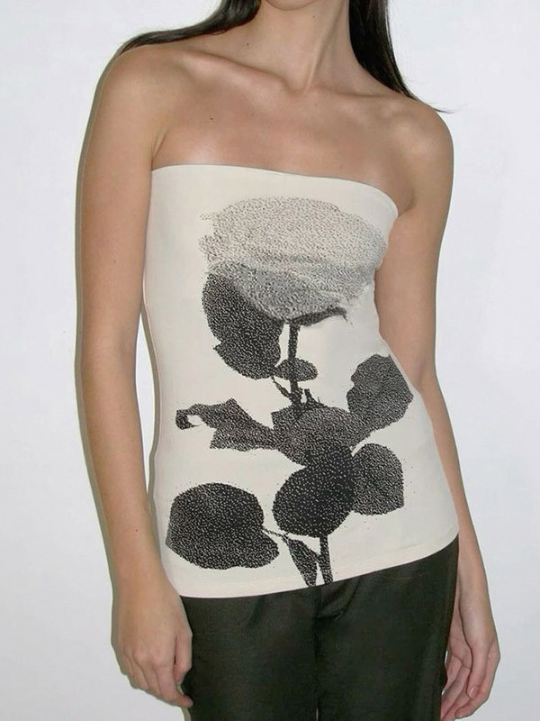 Split-Side Flower Print Contrast Color Sleeveless Skinny Tube Vest Top