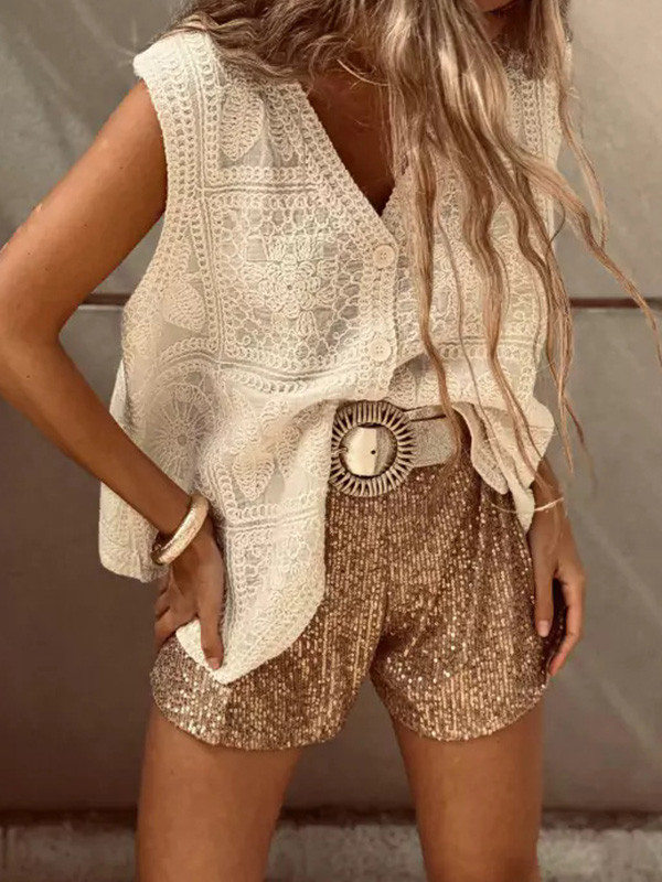 Embroidered Crochet Buttoned Sleeveless Loose V-Neck Vest Top