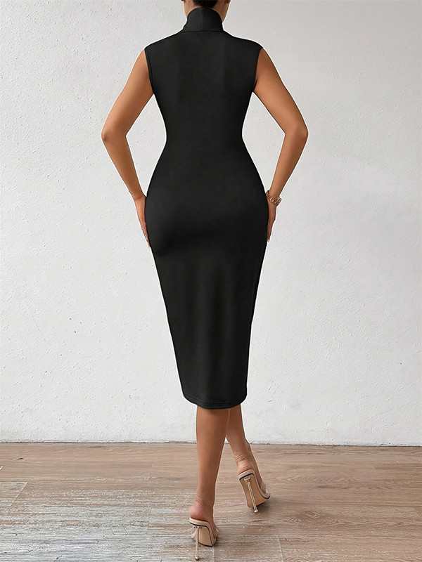 Solid Color Sleeveless High Waisted V-Neck Midi Dresses