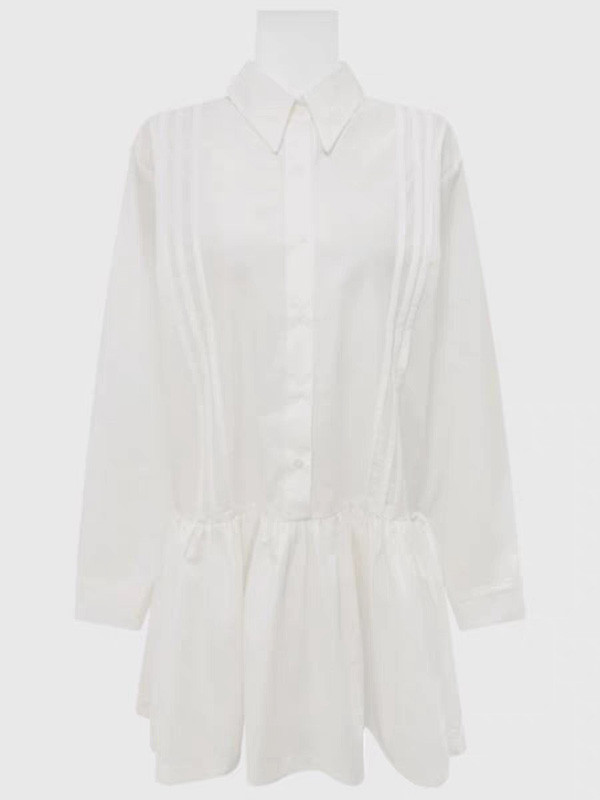 Solid Color Pleated Buttoned Loose Long Sleeves Lapel Shirt Dress Mini Dresses