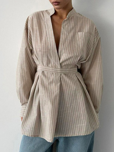 Striped Split-Toe Pleated Puff Sleeves Loose V-neck Blouses&shirts Tops