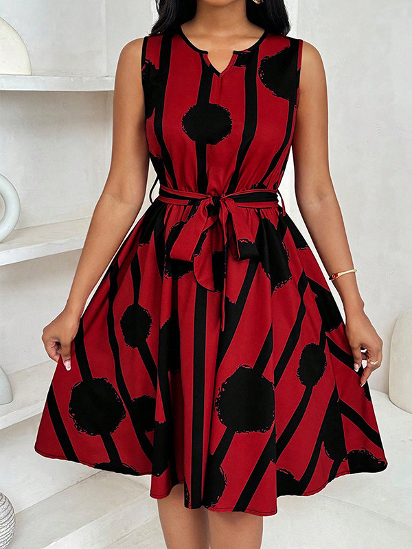Tied Waist Contrast Color Sleeveless Loose Round-Neck Mini Dresses