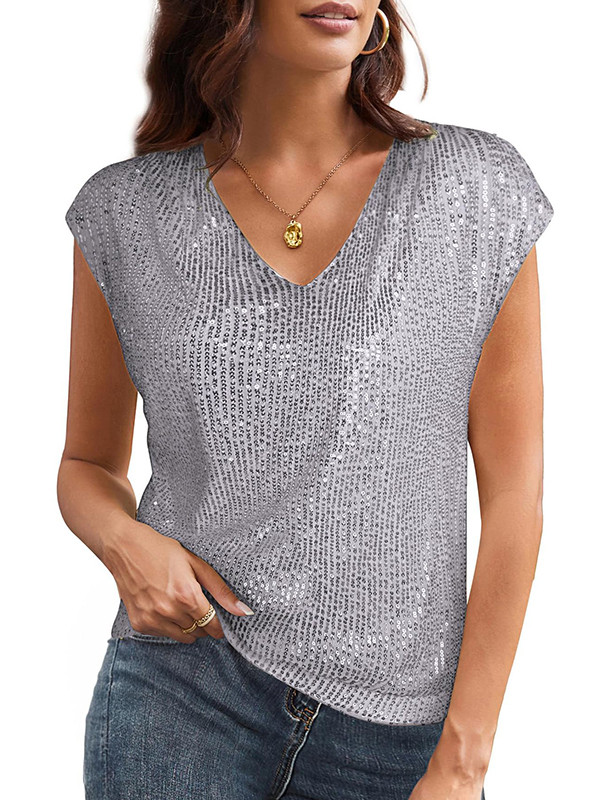Shiny Sequined Loose Batwing Sleeves V-Neck T-Shirts Tops