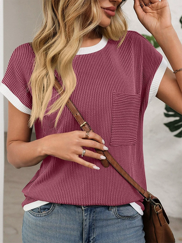 Pockets Contrast Color Colorful Short Sleeves Loose Round-neck T-Shirts Tops