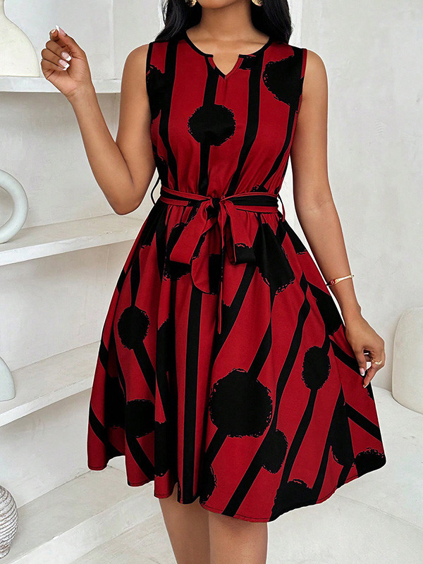 Tied Waist Contrast Color Sleeveless Loose Round-Neck Mini Dresses