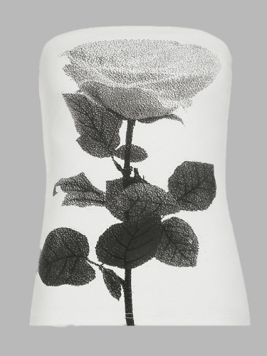Split-Side Flower Print Contrast Color Sleeveless Skinny Tube Vest Top
