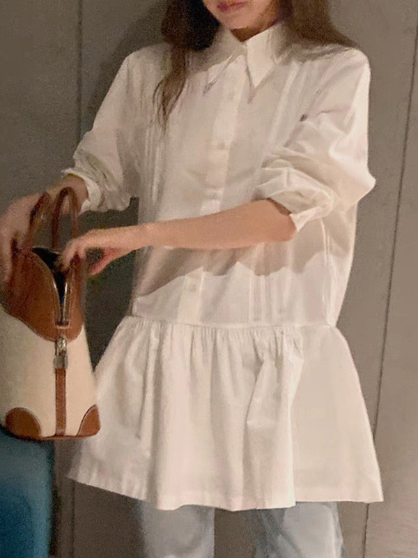 Solid Color Pleated Buttoned Loose Long Sleeves Lapel Shirt Dress Mini Dresses