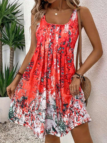 Pleated Flower Print Sleeveless Loose Round-Neck Mini Dresses