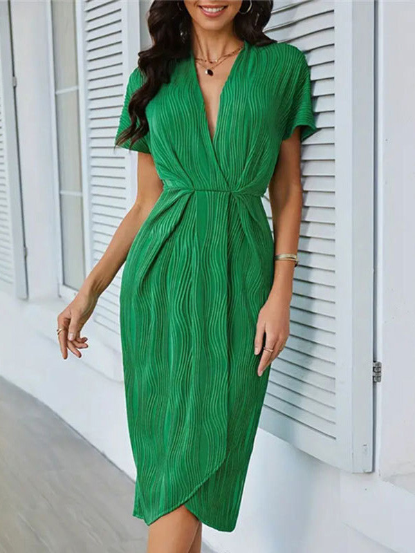 Split-Joint Solid Color Pleated Raglan Sleeve Loose V-neck Midi Dresses