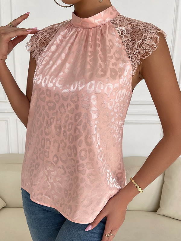 Tied Pleated Leopard Sleeveless Loose Mock Neck T-Shirts