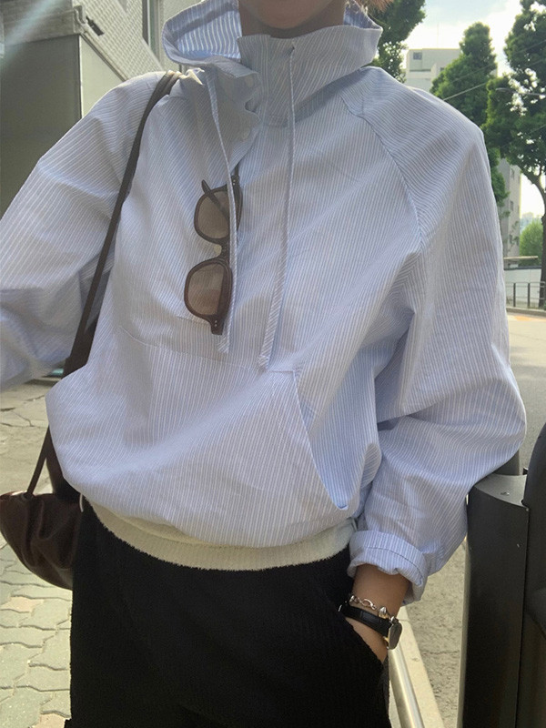 Sun Protection Striped Pockets Drawstring Loose Long Sleeves Stand Collar Sweatshirt Tops Outerwear