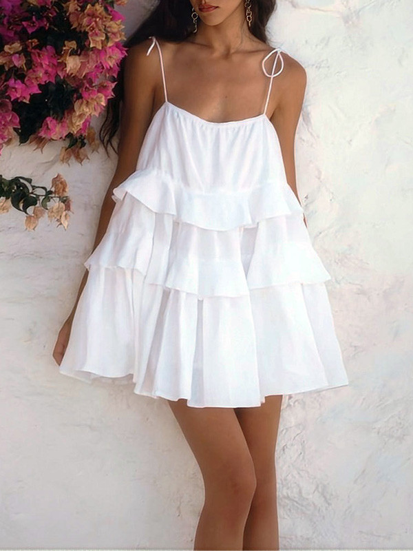 Solid Color Pleated Layered Backless Sleeveless Loose Spaghetti-Neck Mini Dresses