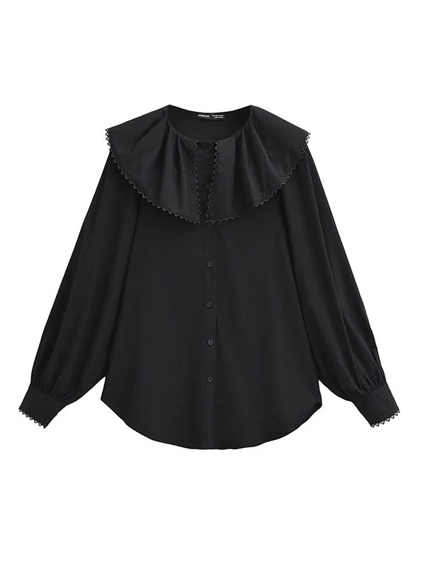 Split-Joint Solid Color See-Through Pleated Puff Sleeves Loose Peter Pan Collar Blouses&Shirts Tops