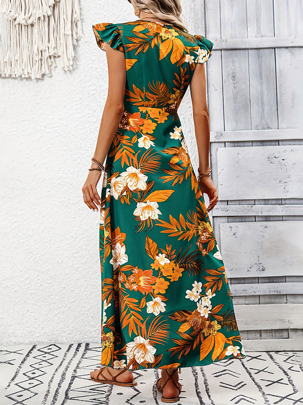 Split-Joint Flower Print Ruffle Sleeves Loose V-Neck Maxi Dresses