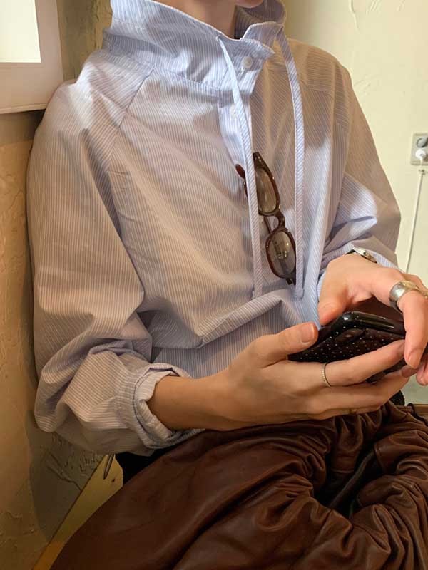 Sun Protection Striped Pockets Drawstring Loose Long Sleeves Stand Collar Sweatshirt Tops Outerwear