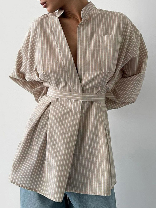 Striped Split-Toe Pleated Puff Sleeves Loose V-neck Blouses&shirts Tops