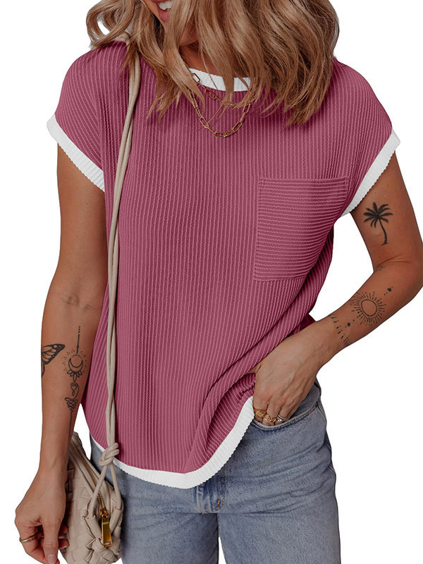 Pockets Contrast Color Colorful Short Sleeves Loose Round-neck T-Shirts Tops