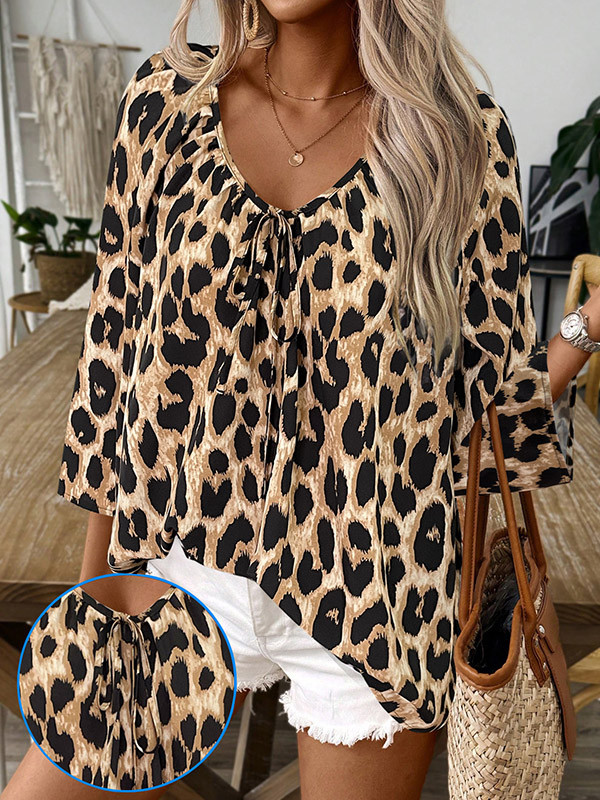 Printed Leopard Drawstring Three-Quarter Sleeves Loose V-Neck Blouses&Shirts Tops