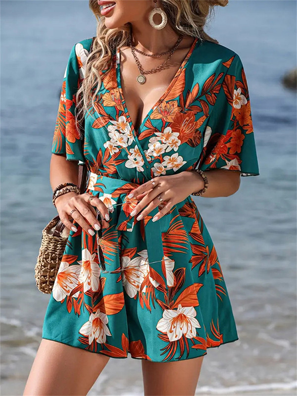 Tied Waist Flower Print Loose High Waisted V-Neck Rompers