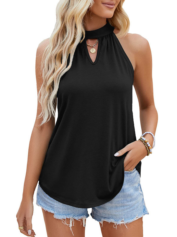 Tied Solid Color Pleated Hollow Colorful Sleeveless Loose Halter-Neck Vest Top
