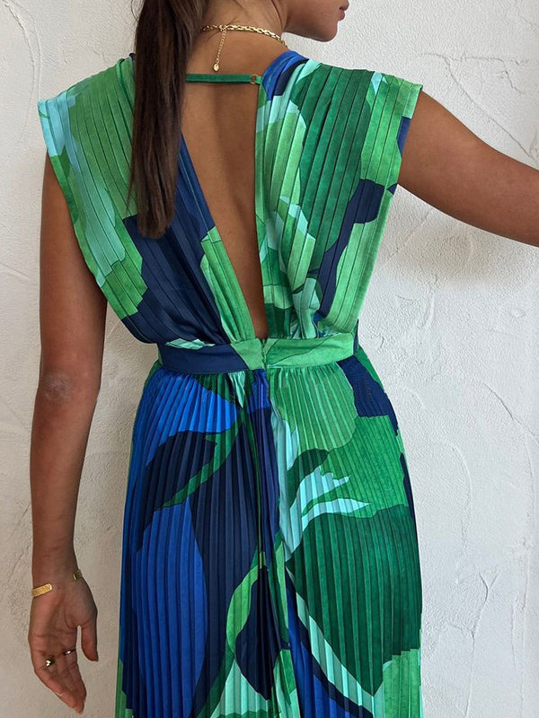 Split-Joint Printed Pleated Sleeveless Loose Deep V-Neck Maxi Dresses Evening Dresses