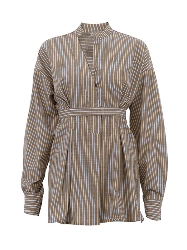 Striped Split-Toe Pleated Puff Sleeves Loose V-neck Blouses&shirts Tops