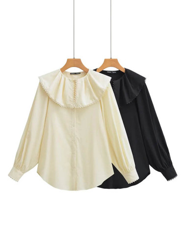 Split-Joint Solid Color See-Through Pleated Puff Sleeves Loose Peter Pan Collar Blouses&Shirts Tops